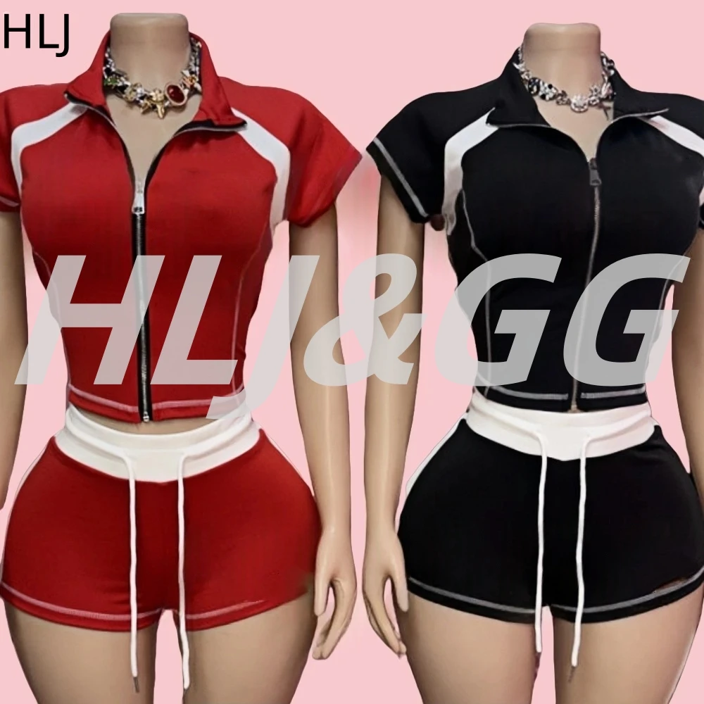 

HLJ Y2K Trend Fashion Sporty Streetwear Women Zip Short Sleeve Slim Crop Top And Drawstring Shorts Two Piece Sets Outfits 2025