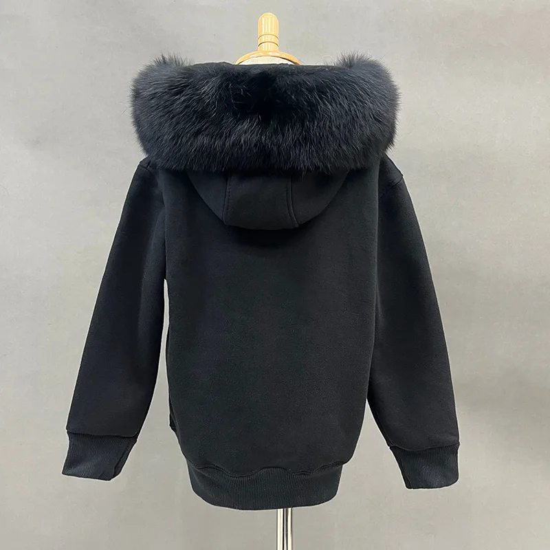 2024 Autumn Winter Hoodie Kids Fleece Pullover With Removable Real Fox Fur Hood Lady Sweater Jackets S6493