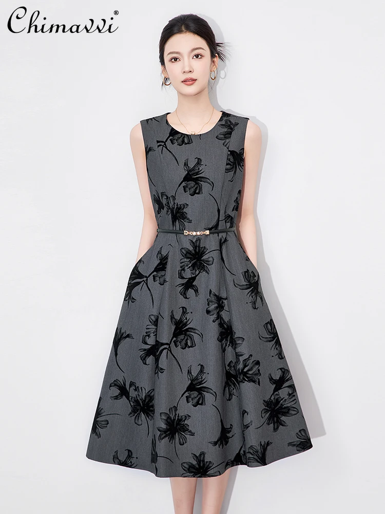 

2025 French Elegant Simple Long Dresses Flocked Floral Round Neck Sleeveless Belt Slim A-line Temperament Tank Dress for Women