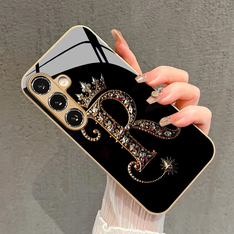 Gemstone letter R pattern glass phone case suitable for Samsung Galaxy S26 S25 S24 S22 S21 S20FE/Ultra/Plus anti drop back cover