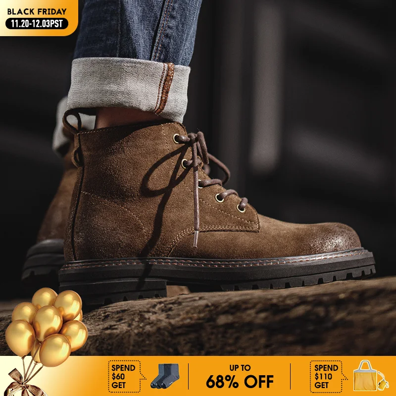 

Мужские винтажные замшевые ботинки Maden, коричневые высокие рабочие ботинки, ботинки на прочной подошве со шнуровкой до щиколотки, уличная зимне-осенняя обувь