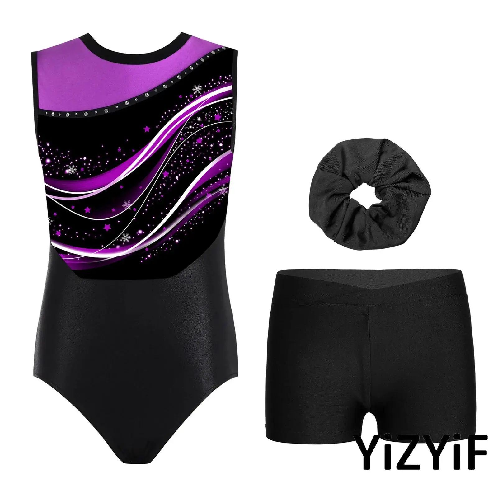 

3Piece Kids Girls Lyrical Ballet Gymnastics Leotard Round Neck Sleeveless Patchwork Bodysuit Figure Ice Skating Dance Outfits