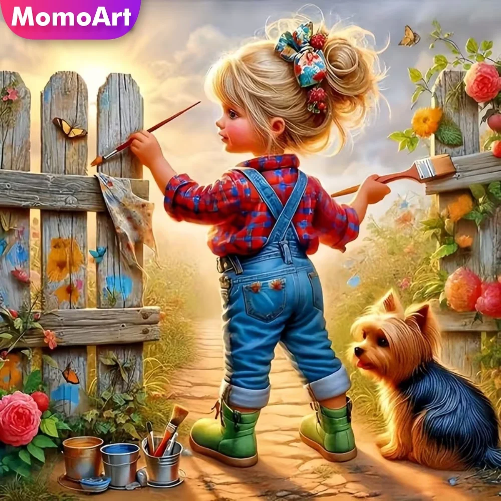 Momoart Diamond Painting Mädchenporträt Charakter Neuerscheinung Mosaik Hund Geeignet für Anfänger DIY Stickerei Feiertagsgeschenke