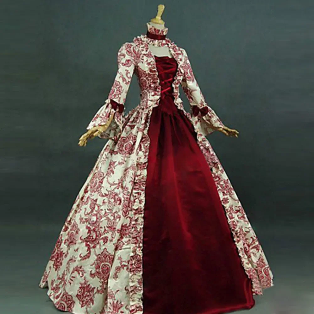 Medieval Women Long-sleeved Printed Temperament Palace Evening Dress with Big Horn Sleeve