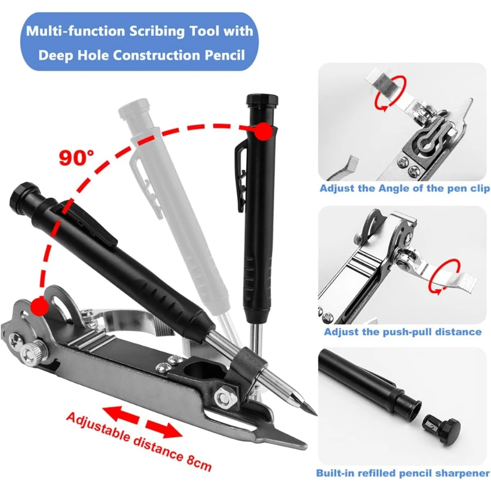 Multi-function Scribing Tool with Deep Hole Construction Pencil Aluminum Alloy Carpenter Scribe Tool DIY Woodworking Measuring