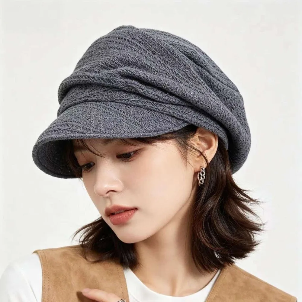 Elegant Soft Newsboy Beret Hat Breathable Shimmer Dots Decor Visor Hat Stretchy Foldable Knit Beanie Women