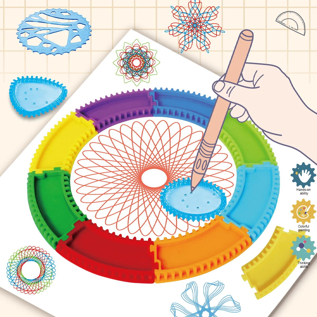 مجموعة رسم فنية حلزونية سبيروغراف للأطفال، مجموعة فنية للرسم بأشكال ممتعة، ألعاب بتصميم كلاسيكي، مساطر رسم مع كتاب #3