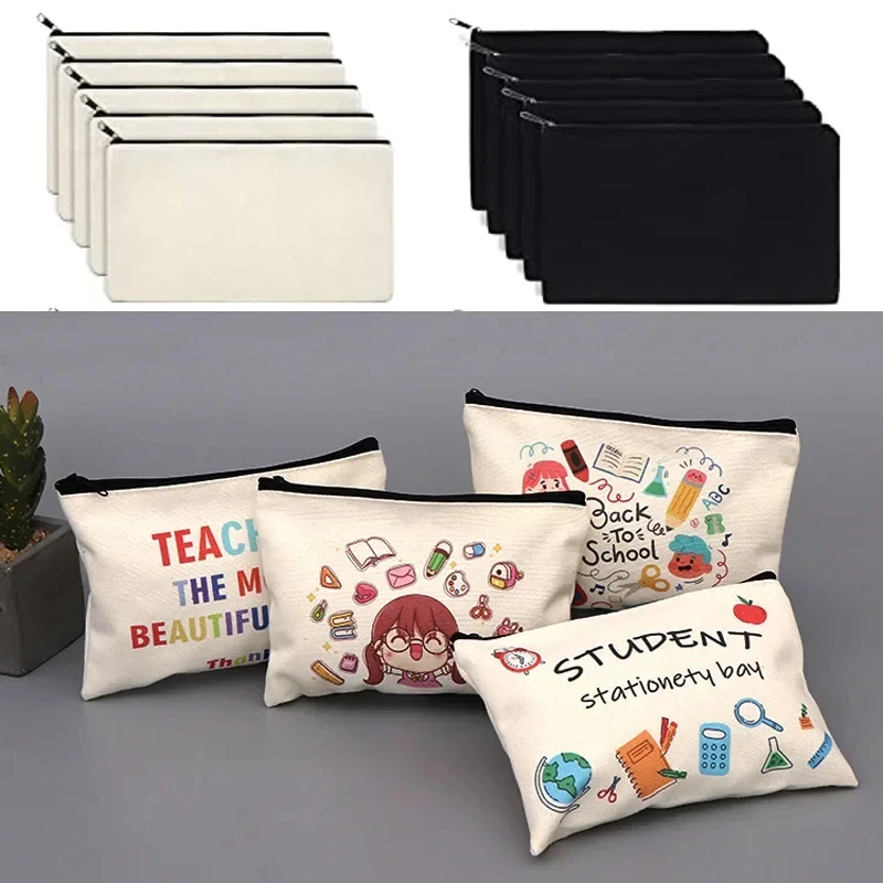 10pcs Blank DIY Craft Bag Zipper Cotton Canvas Pen Pencil Case Bag for School Supplies Bill Makeup Cosmetic Bag Toiletry Pouch