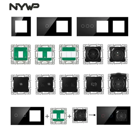 NYWP wall-mounted module diy European standard black tempered crystal glass panel socket switch button function free combinatio
