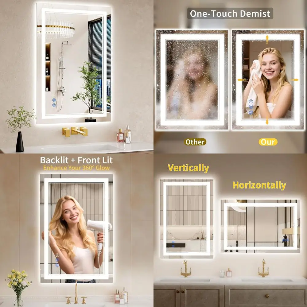 Espelho de vaidade LED iluminado 24x36 com antiembaçante, retroiluminado e frontal, regulável, vidro temperado, 3 opções de cores