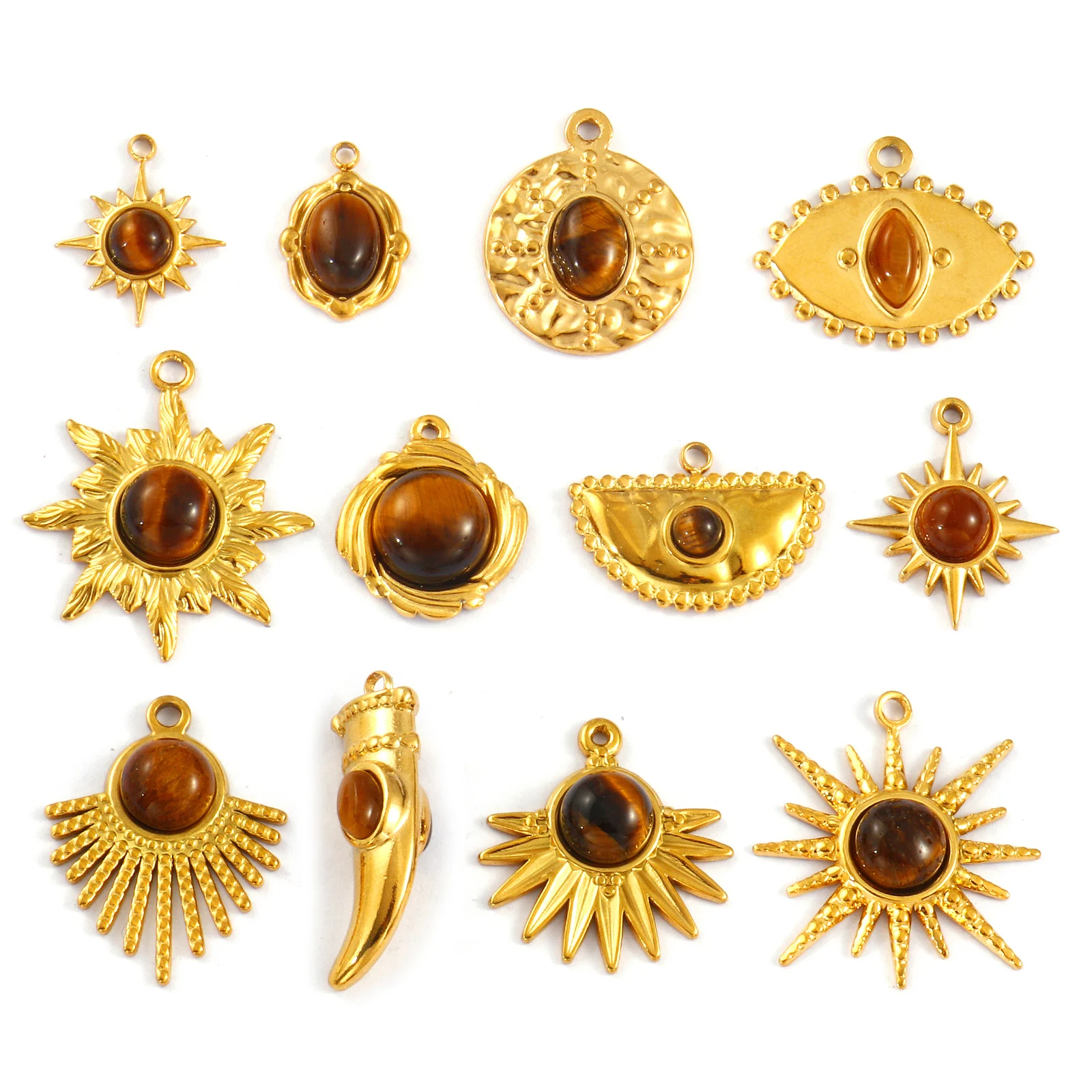 2 PCs 304 Stainless Steel & Brown Tiger's Eye Stone Pendants 18K Gold Plated Sun Star Ivory Shape Charms For DIY Necklace Making