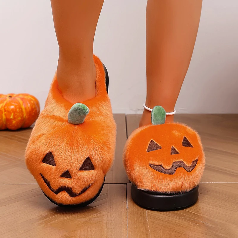 Halloween 3D Pumpkin Plush Slippers Women Fluffy House Slides Unisex Winter Platform Shoes Girls Non-Slip Indoor Holiday Party view 4