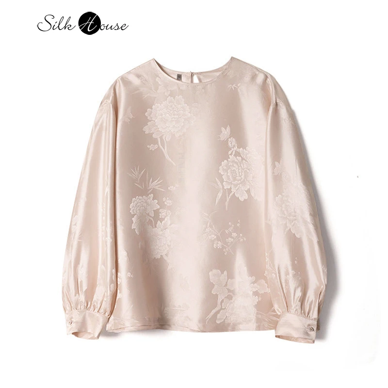 

Women's Casual Summer New Pink Butterfly Love Flower 100% Natural Mulberry Silk Jacquard Satin Round Neck Long Sleeve T-shirt