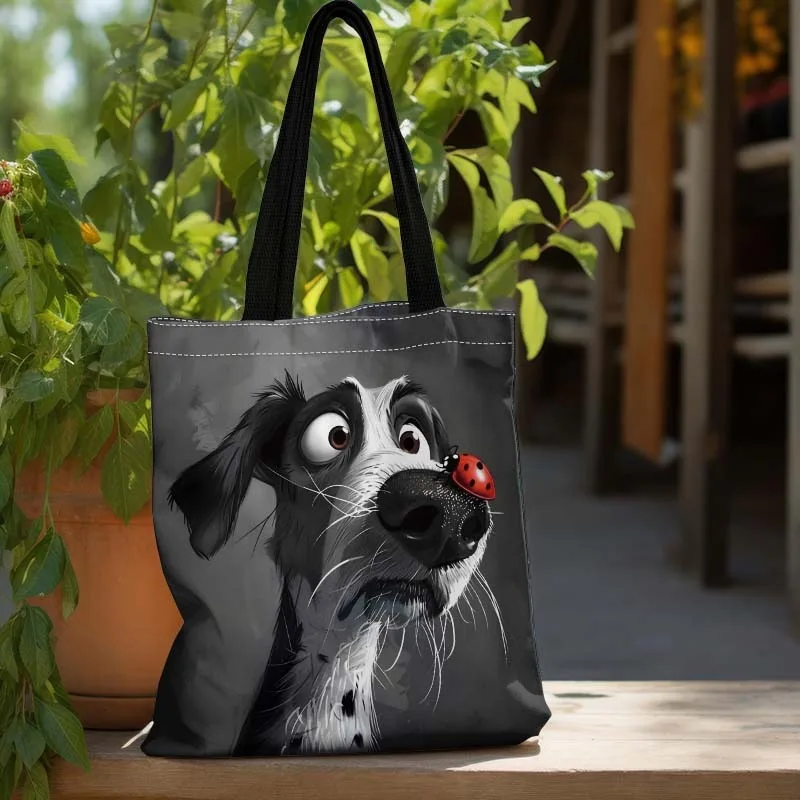 Large Capacity Tote Featuring a Puppy And a Seven-Star Ladybug for Daily Use Women'S Shoulder Bag Holiday Gift Shopping Bags