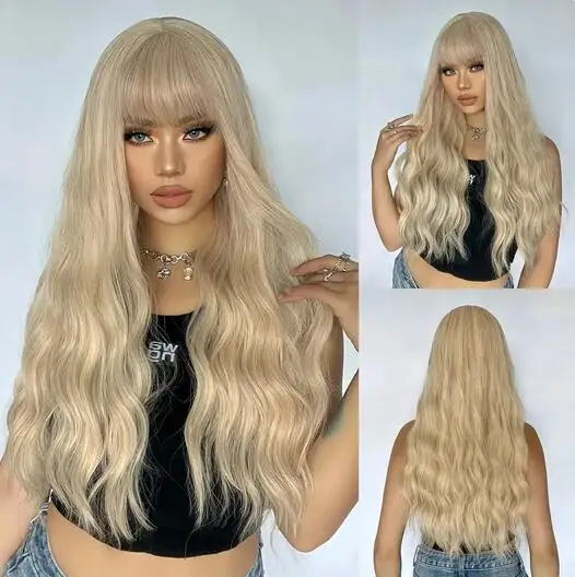 

Long Curly Synthetic Wigs Blonde Body Wave Natural Hair Wigs for Women Cosplay Daily Wigs With Bangs Heat Resistant Fiber