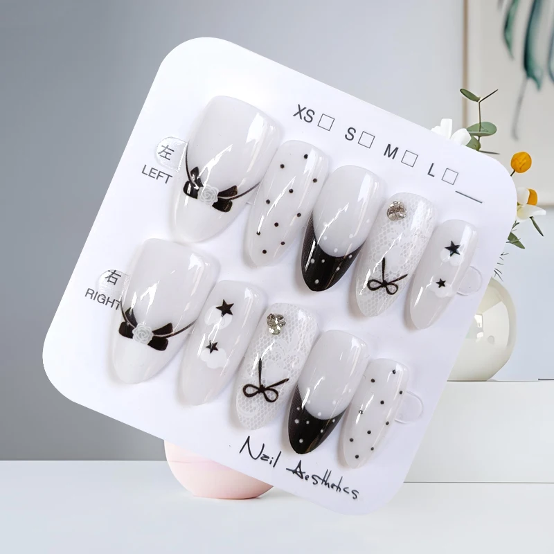 10 Uds. De encaje en forma de almendra con lazo de lunares de estilo francés, pegatinas para decoración de uñas en blanco y negro, prensa para uñas postizas