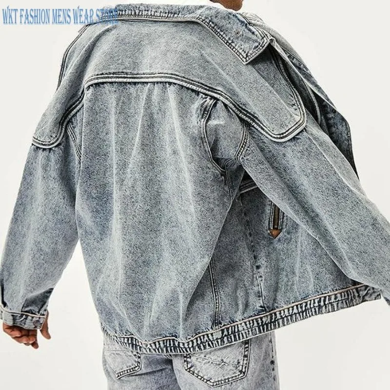 American Retro Snowflake Washed Jacket Men\'s Clothing New Denim Motorcycle Jacket Loose Versatile Coats Pocket Cotton Outerwear