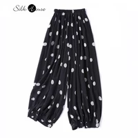Modern Large Polka Dot 100% Natural Mulberry Silk Crepe De Chine Elastic Waist Women's Fashionable Cropped Lantern Pants
