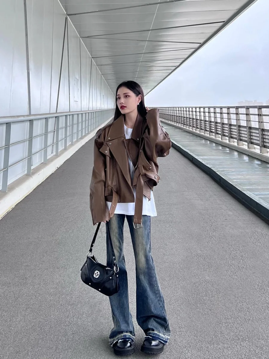 ブラウンカラーPUレザージャケット レディース ルーズ ショートスリーブ 春秋 2024 新作 ファッション ワークウェアコート PmORhブランド