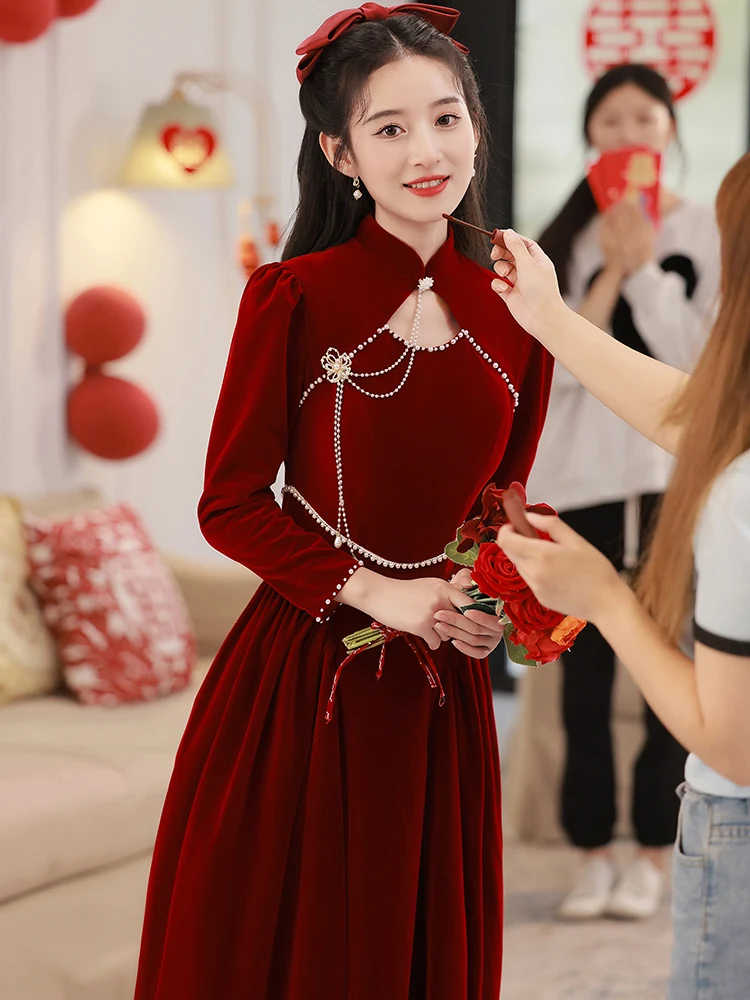 

Chinese Sle Velvet Wedding Dr Long Sve Evening Gown for Engagement And Wedding Parties Wearable in Daily Life