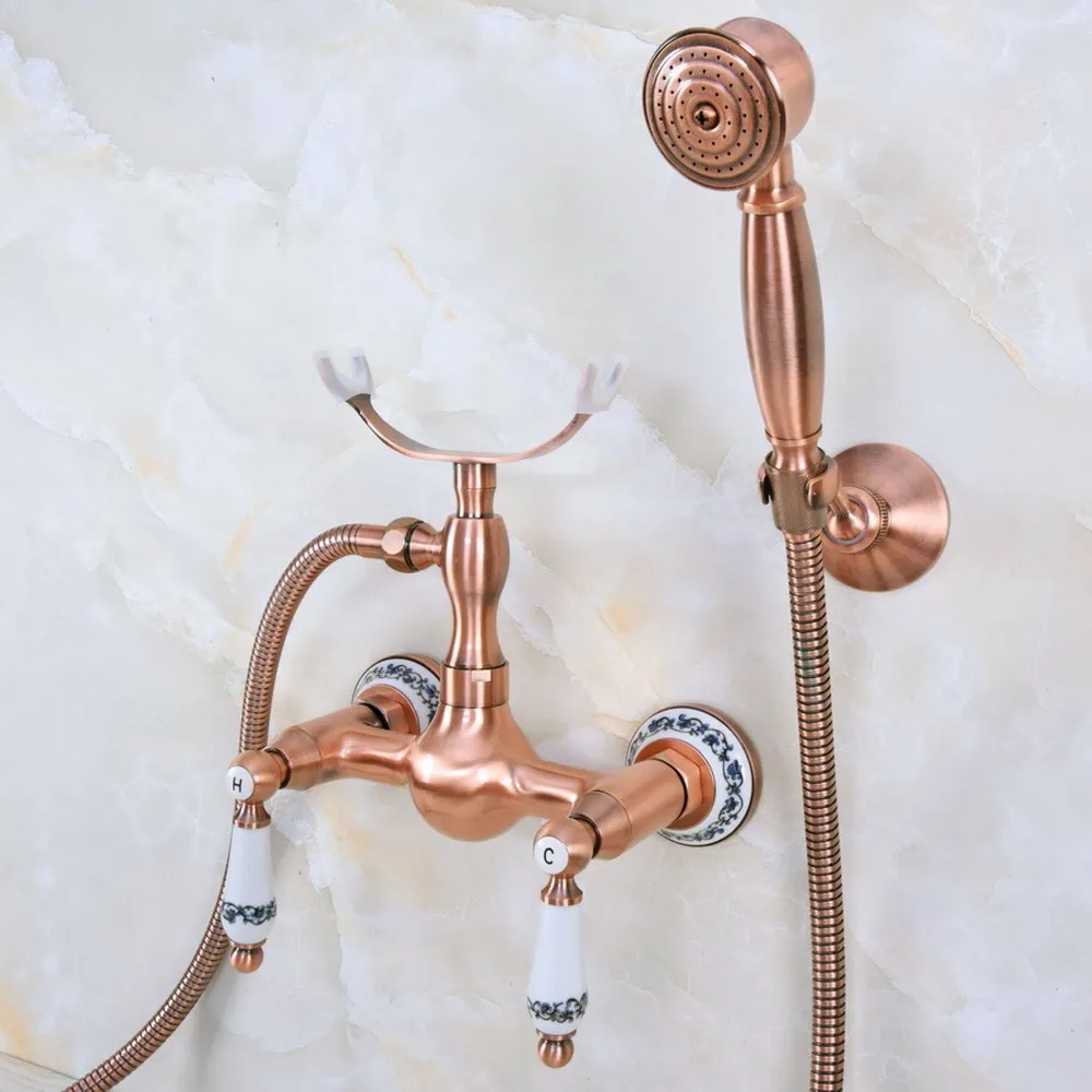 

Red Copper Antique Wall Mounted Bathroom Shower Faucet Set with 1.5M Hose Handheld Spray Head Mixer Tap Dna353