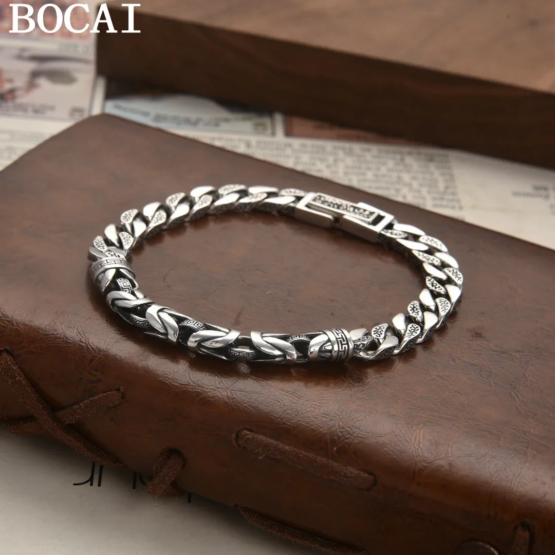 

BOCAI NEW S925 Серебряный браслет в стиле ретро с властным рисунком травы Тан и браслет с узором мира