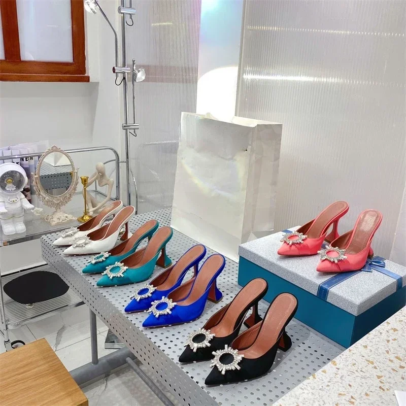 2024 New Fashion High Heels Sunflower Rhinestone Slippers Pointed Toe Slippers Women's Wedding Shoes