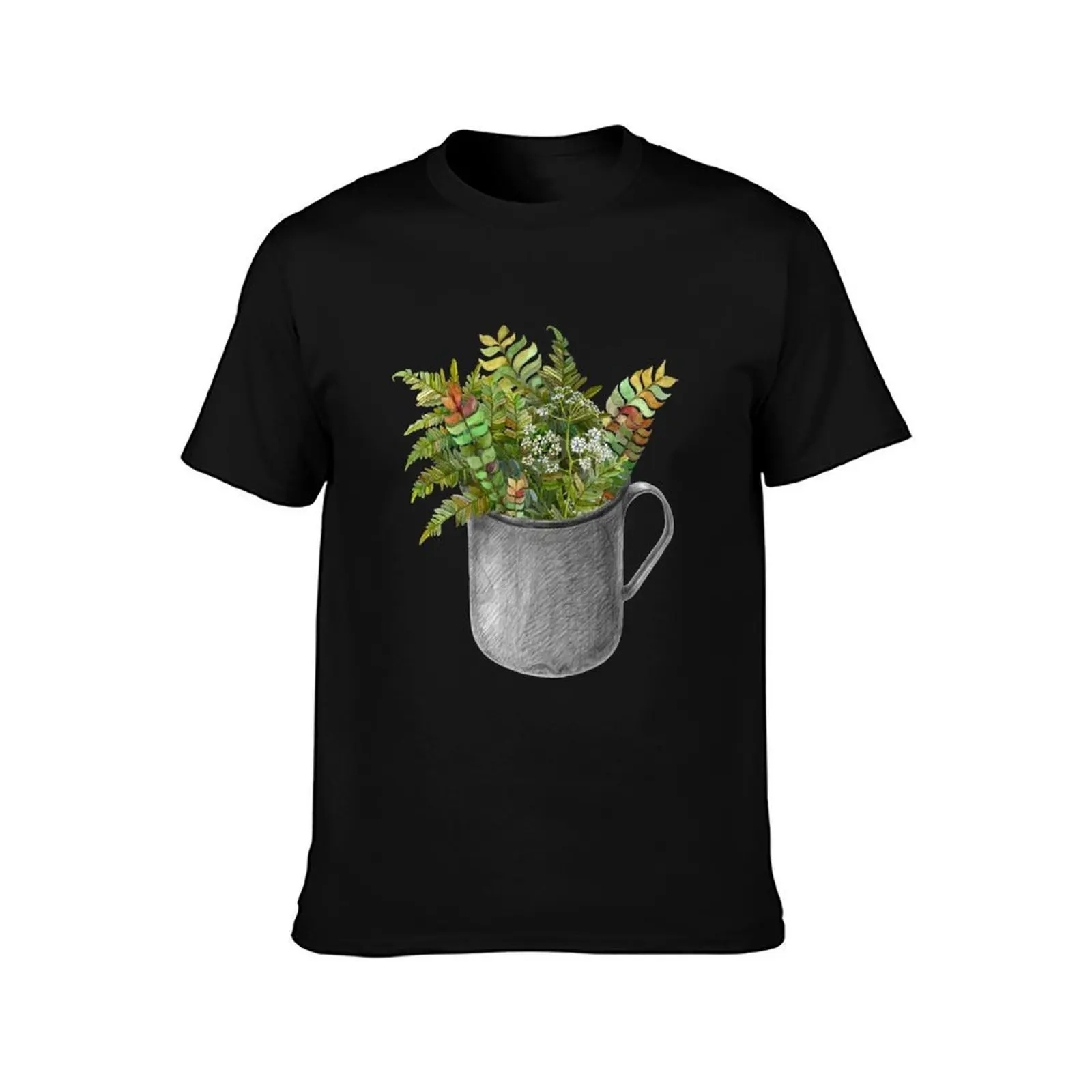Mug with autumn fern T-Shirt, Summer Casual Cotton Tee, Oversized Streetwear Tops, Vintage Graphic Print, Loose Fit Short Sleeve
