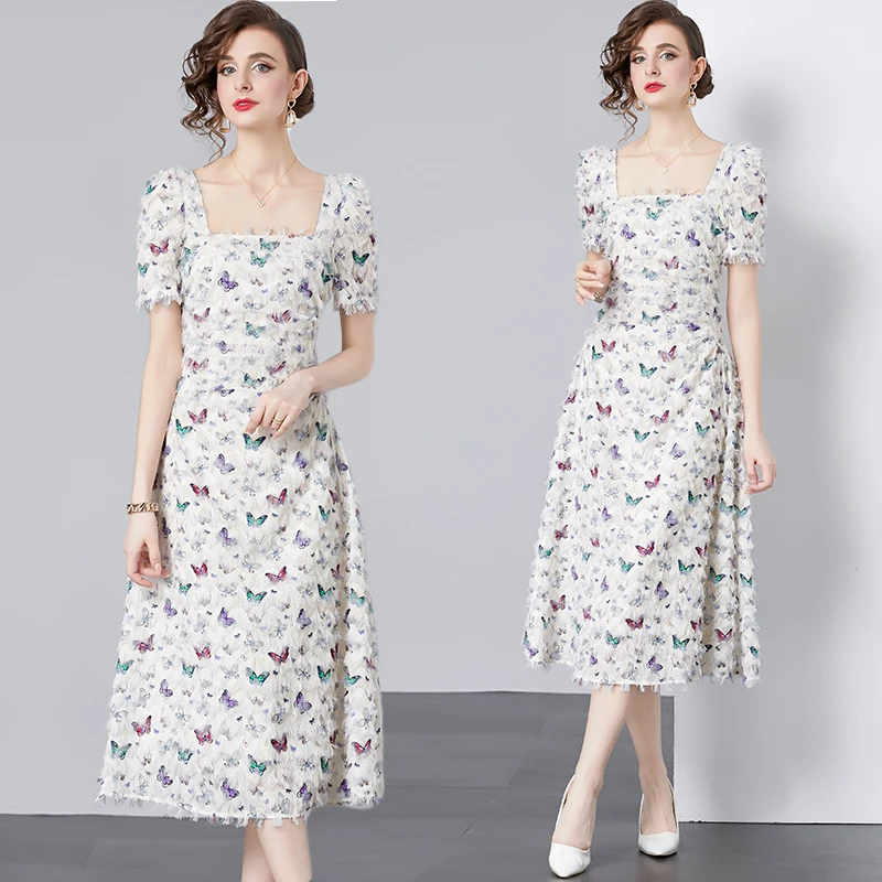 

Butterfly print square neck waist cinching dress for women's summer 2024 new tassel long dress SR7073075