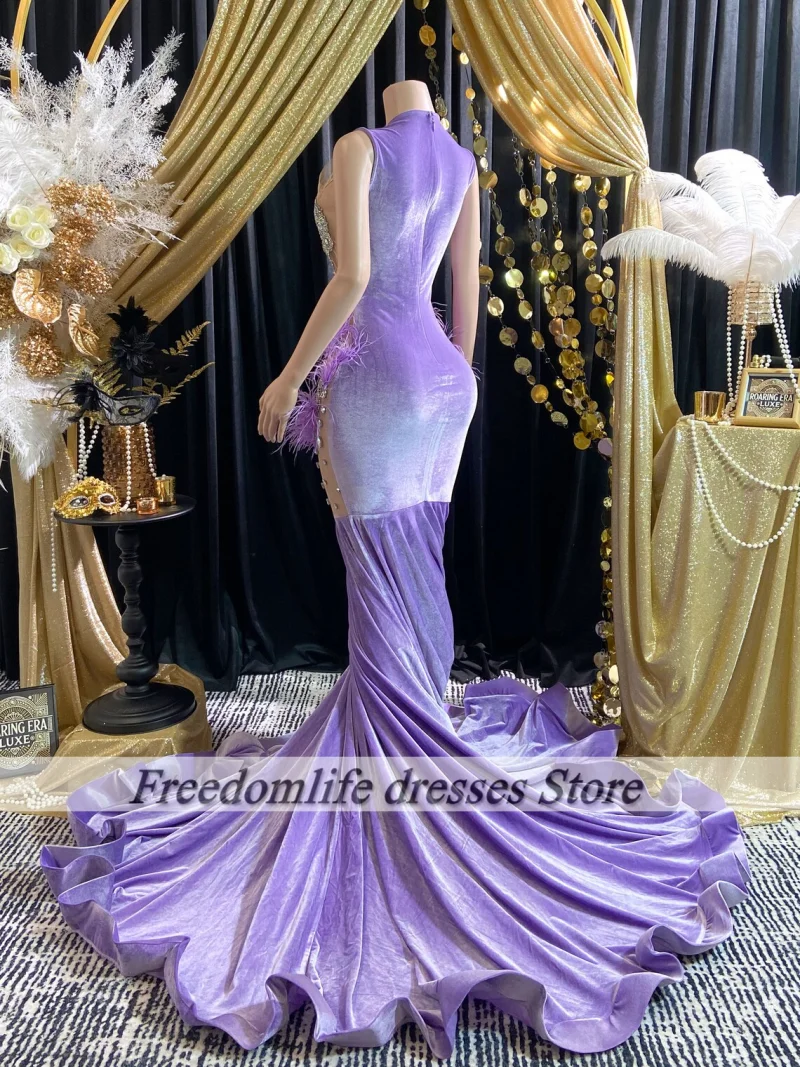 Violet Purple Prom Dresses Velvet Feathers Rhinestone Mermaid Lavender Evening Dress vestidos de fiestas Elegant Customized