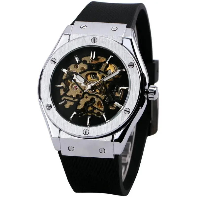 WINNER Automatic Mechanical Watch for Men Rubber Strap Skeleton Dial Male Clock Military Sports Style Wristwatch Dropshipping