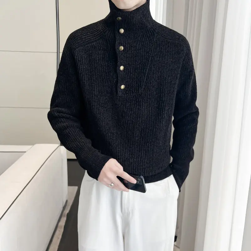 

Мужской трикотажный свитер с высоким воротником, свободного кроя, модный, повседневный, удобный, из полиэстера, с длинными рукавами