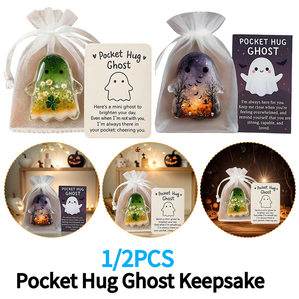 1/2 Stück Taschen-Komfort-Geister-Miniaturfigur mit Motivationskarte, Mini-Anhänger für Halloween, Weihnachten, geliebte Menschen und Freunde