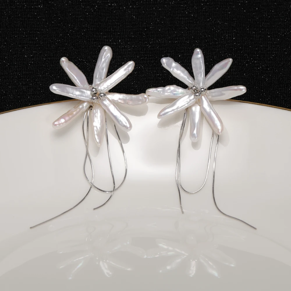 

925 Sterling Silver Baroque Pearl Earrings Freshwater Pearl Flower Studs Light Luxury Unique Dainty Earrings Gift for Her