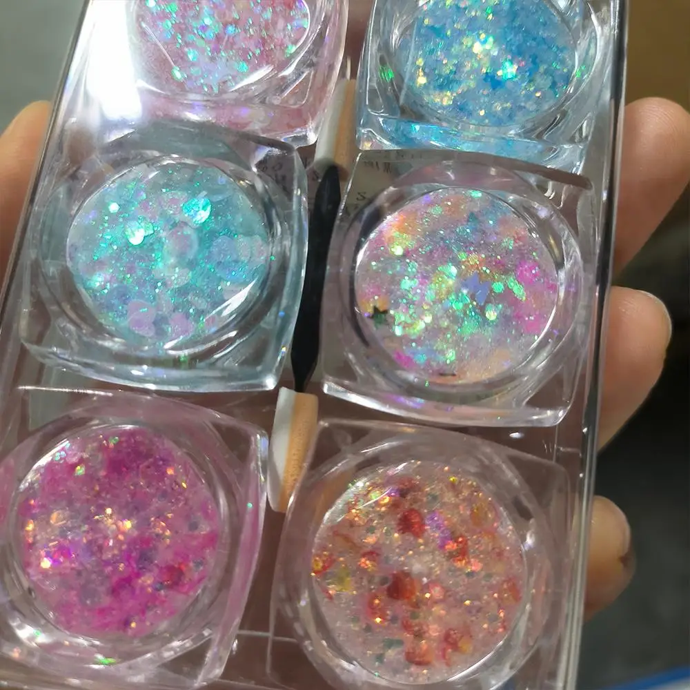 6個入り クリスマス フェイス アイ ネイル グリッター スパンコール ミックス ハート スター バタフライ 六角形 フレーク アイシャドウ ボディ ネイルアート デコレーション用