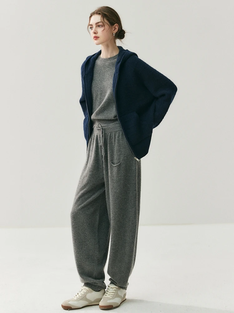 CHICUU Women's Cashmere Pants Casual Loose Long Bloomers 100% Cashmere Knit Pants Autumn Winter Sashes Pocket Cashmere Trousers
