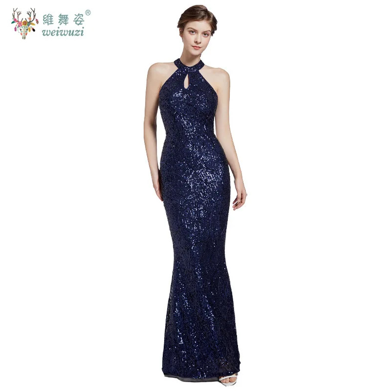 Nueva moda Sexy Retro elegante Halter vestido de noche largo mujeres adultas Vintage lentejuelas cola de pez vestido largo de lujo Bling hermoso