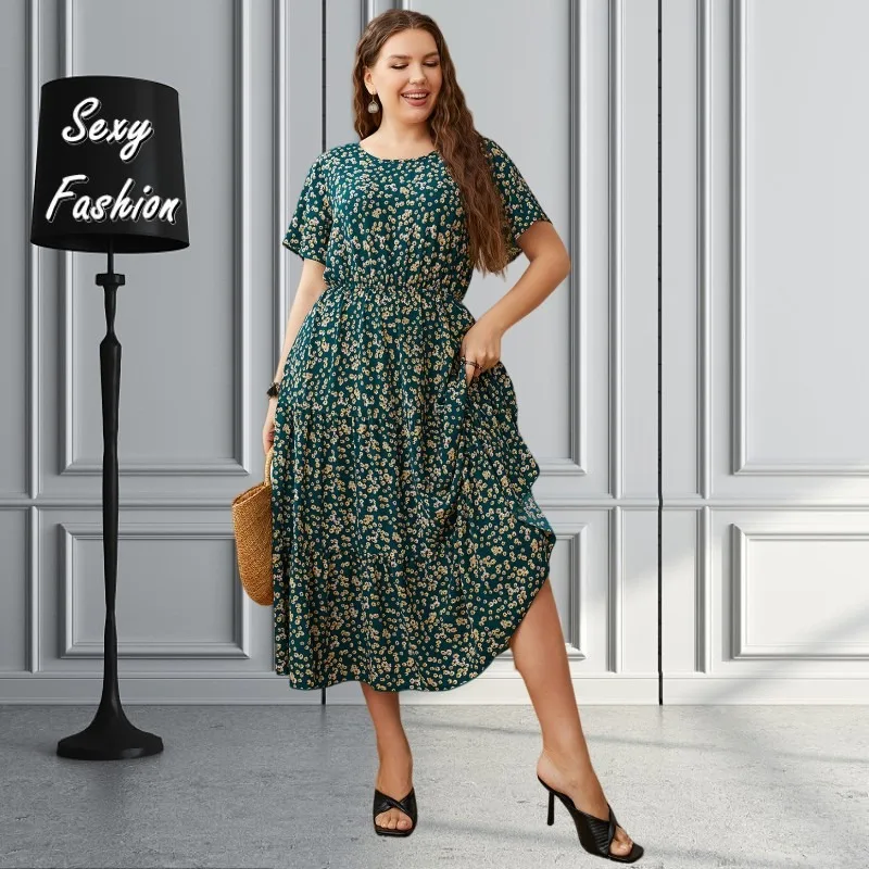 Wsfec XL-4XL Plus Size Jurk Vrouwen Kleding Zomer Print Korte Mouw Ronde Hals Casual Elegante Midi Jurk Dropshipping