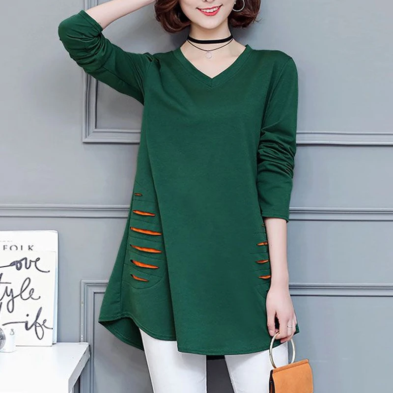 

Spring Autumn New Round Neck Fashion Long Sleeve T-shirt Women Elegant Casual Mid-length Pullovers Contrast Color Cotton Tops