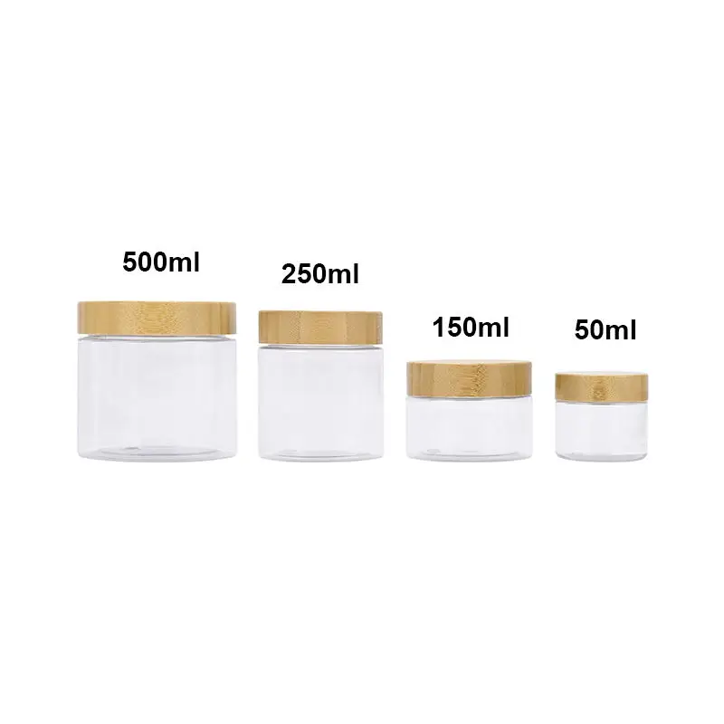 

Natural bamboo lid 150g 250g plastic Pet bottle cosmetic packaging body cream jar bath salt white clear frosted brown amber matt