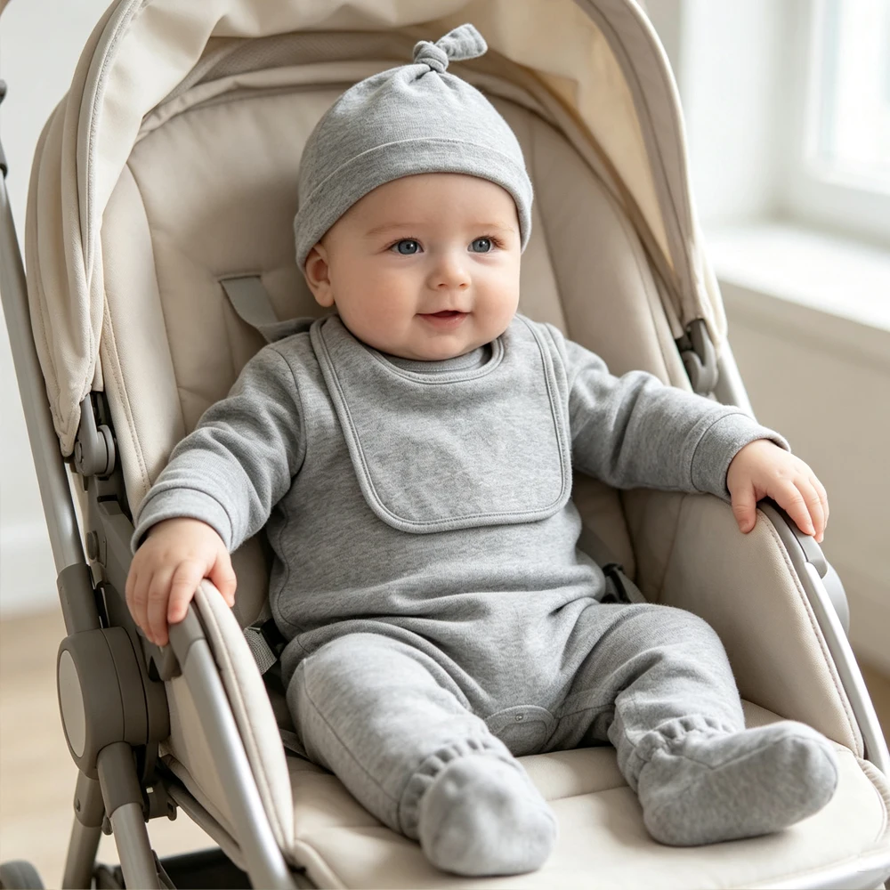 MNewborn Baby 8Pcs Cotton Clothing Set Long Sleeve Romper Knot Hat Bib Burp Cloth Mittens Booties Infant Gift Outfit 0‑3M 6M 9M