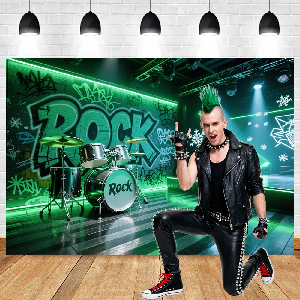 Rock Stage Birthday Party Backdrop Punk Drum Guitar Neon Laser Garage Custom Photo Booth Adult Kids Cake Banner Decor Props