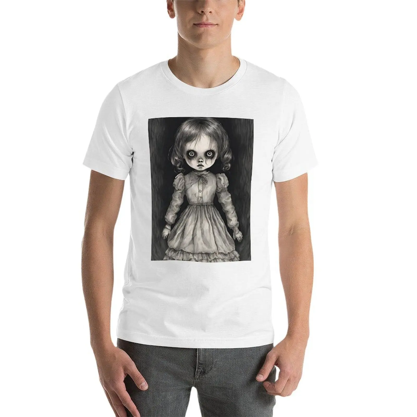 دمية مخيفة في ظلال الظلام تي شيرت تي شيرت رجل عادية الرجال تي شيرت القطن 100% تي شيرت