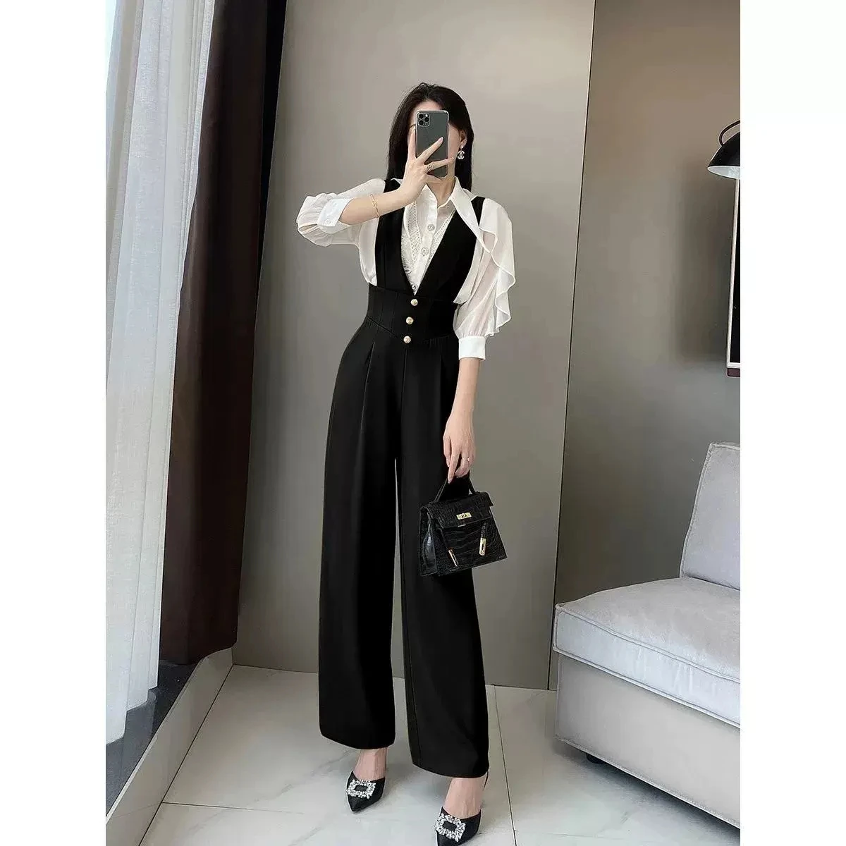 Design Sense Chic Jumpsuit For Women Spring Autumn 2023 New Advanced Slim High Waist Suit Wide Leg Pants Women Black Overalls