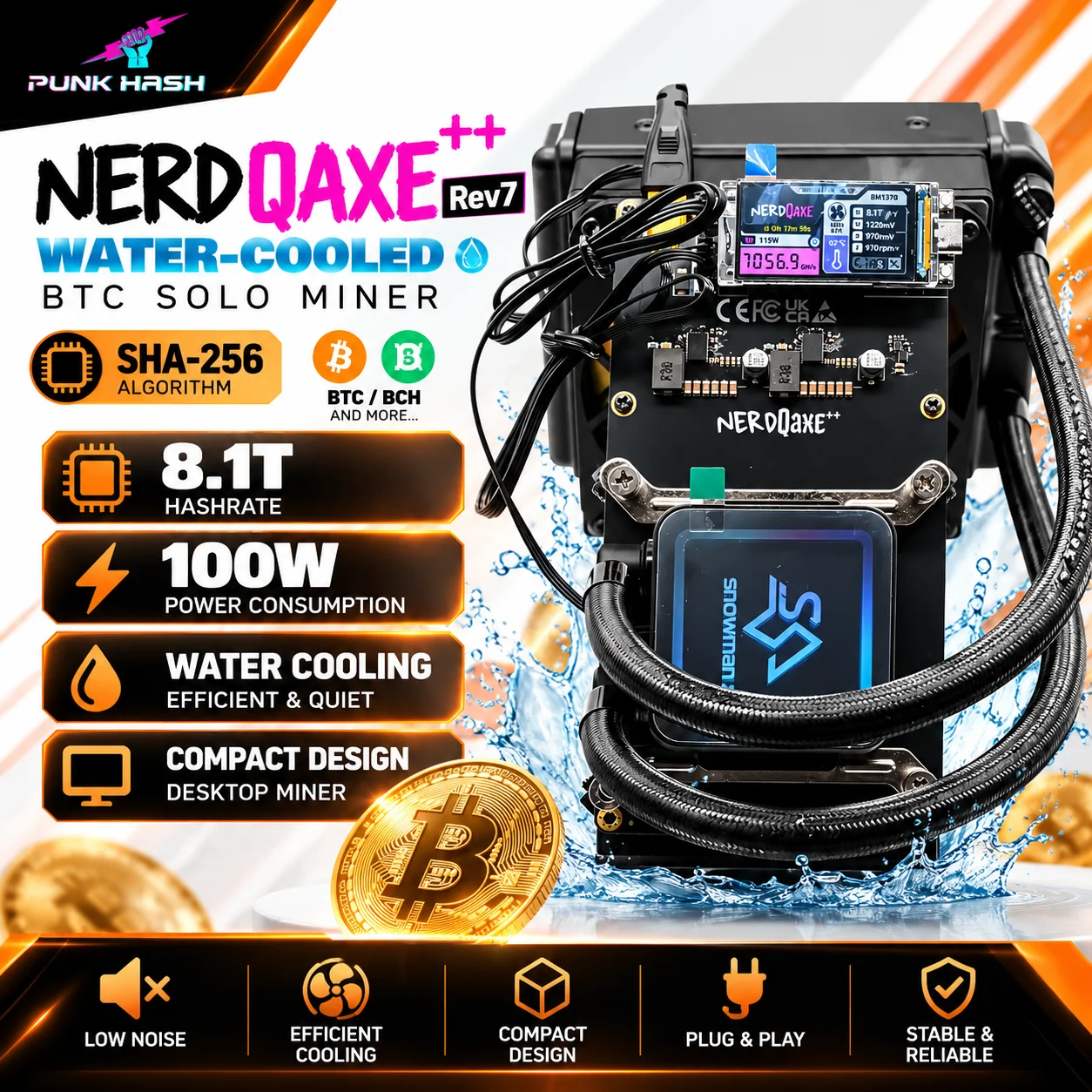 PunkHash NerdQAXE++ Rev7 Hydro Bitcoin Miner 8.1T 100W Low Power Water Cooling BTC BCH SHA256 Solo Mining Device