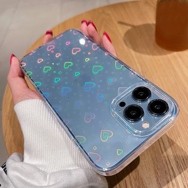 Luxury Laser Love Heart Pattern Phone Case For iPhone 14 Pro Max 13 12 11 Pro Max X XR XS Max 7 8 14Plus Clear Shockproof Cover