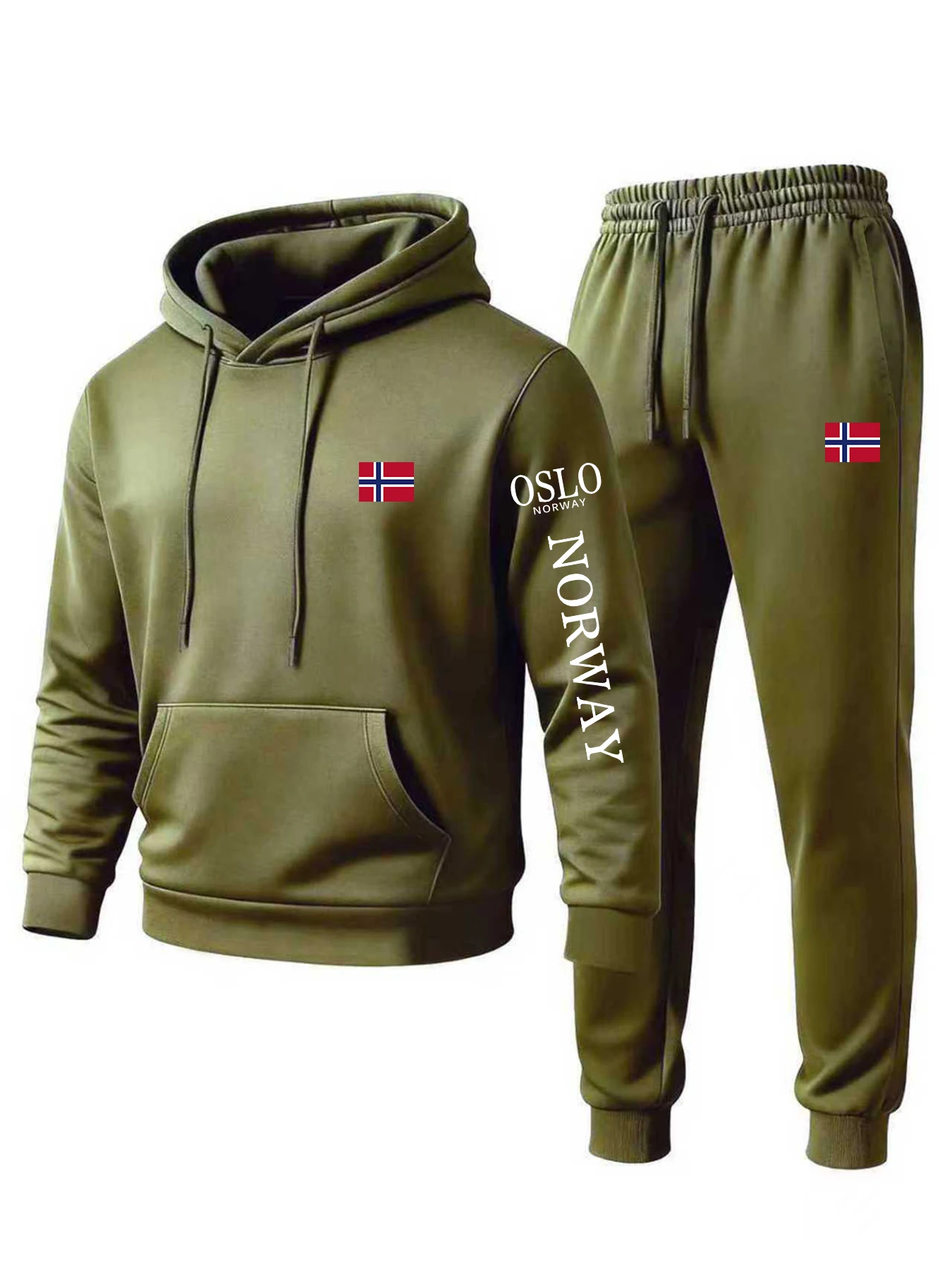 طقم سويت شيرت كلاسيكي بقلنسوة للرجال لخريف وشتاء 2025، طباعة العلم النرويجي العصري، طقم ملابس رياضية مريحة ودافئة