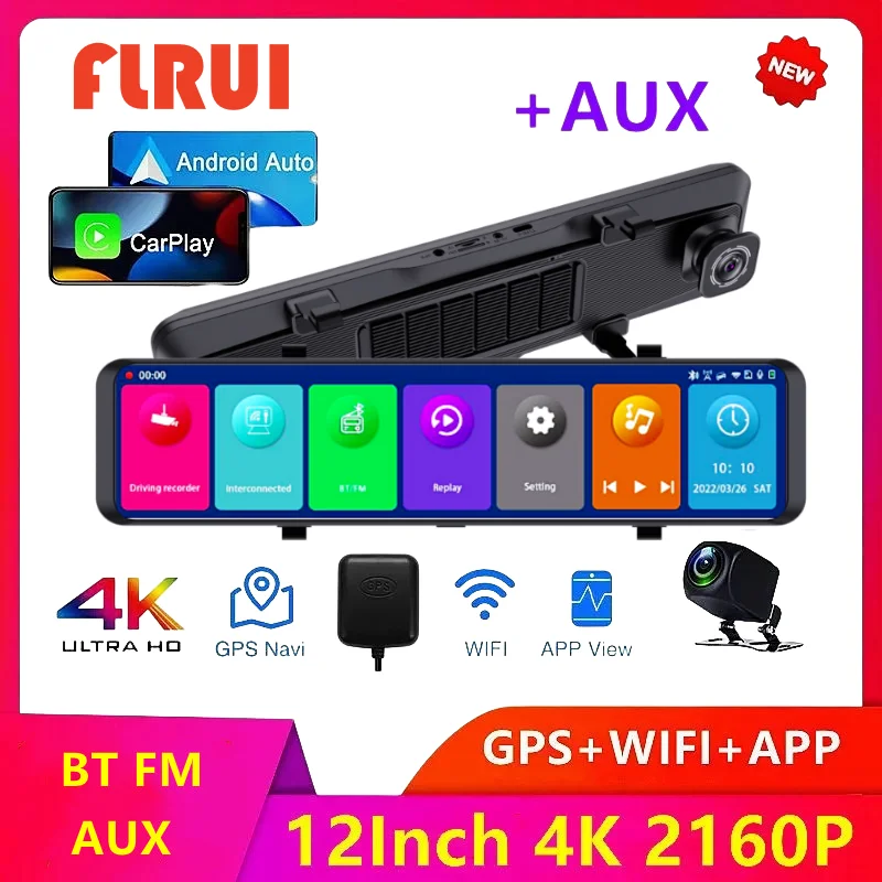 

12Inch 4KDash Cam 2160P Rearview Mirror Sony IMX415 WIFI Car DVR Video Recorder GPS Track Auto Registrar Night Vision 1080P Rear