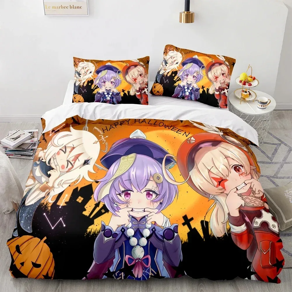 

Gaming Genshin Impact Klee Qiqi Diona Hutao Bedding Set Bedroom Soft Modern Bedspreads Comefortable Duvet Cover Pillowcase