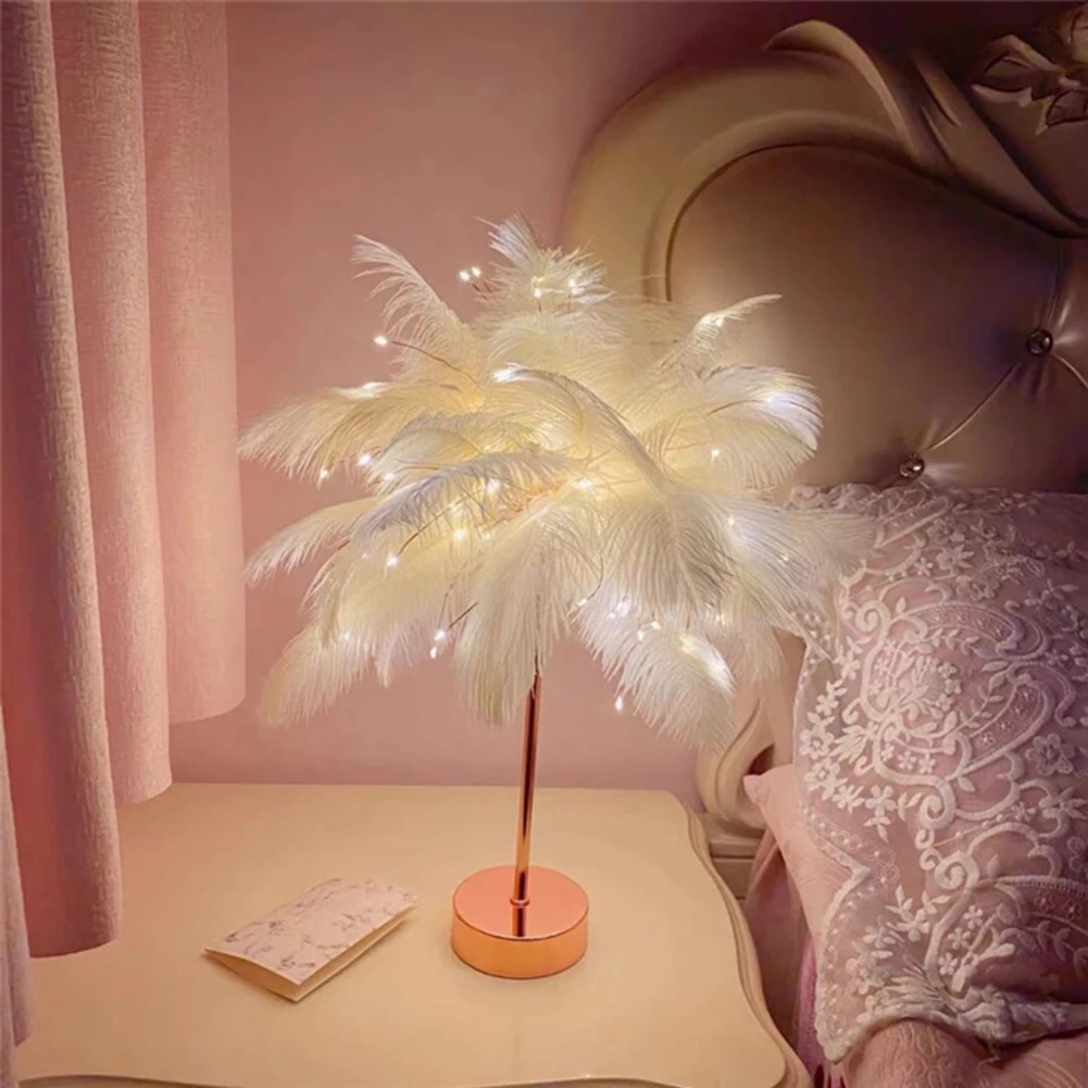 Lampe de table en plumes d'arbre avec télécommande, veilleuse LED, lumière chaude, abat-jour créatif bricolage, décoration de chambre à coucher, maison de mariage